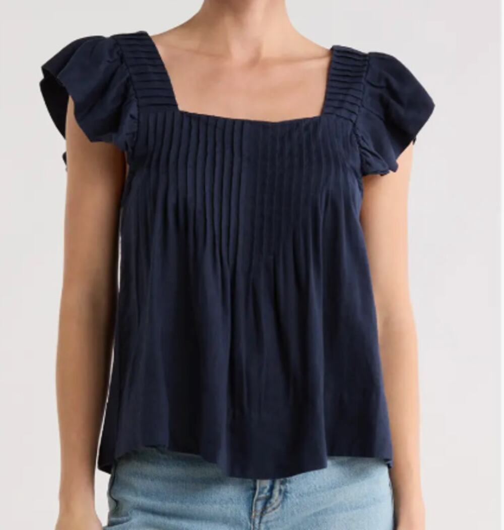 Joie Flutter Sleeve Square Neck Linen Blend Top Navy Blue Women M Pintuck